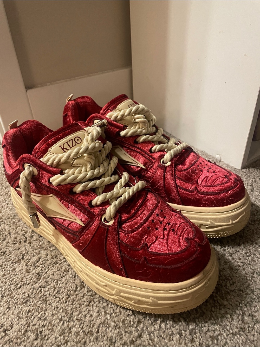 Men's Red Velvet Platform Sneakers with Cream Accents